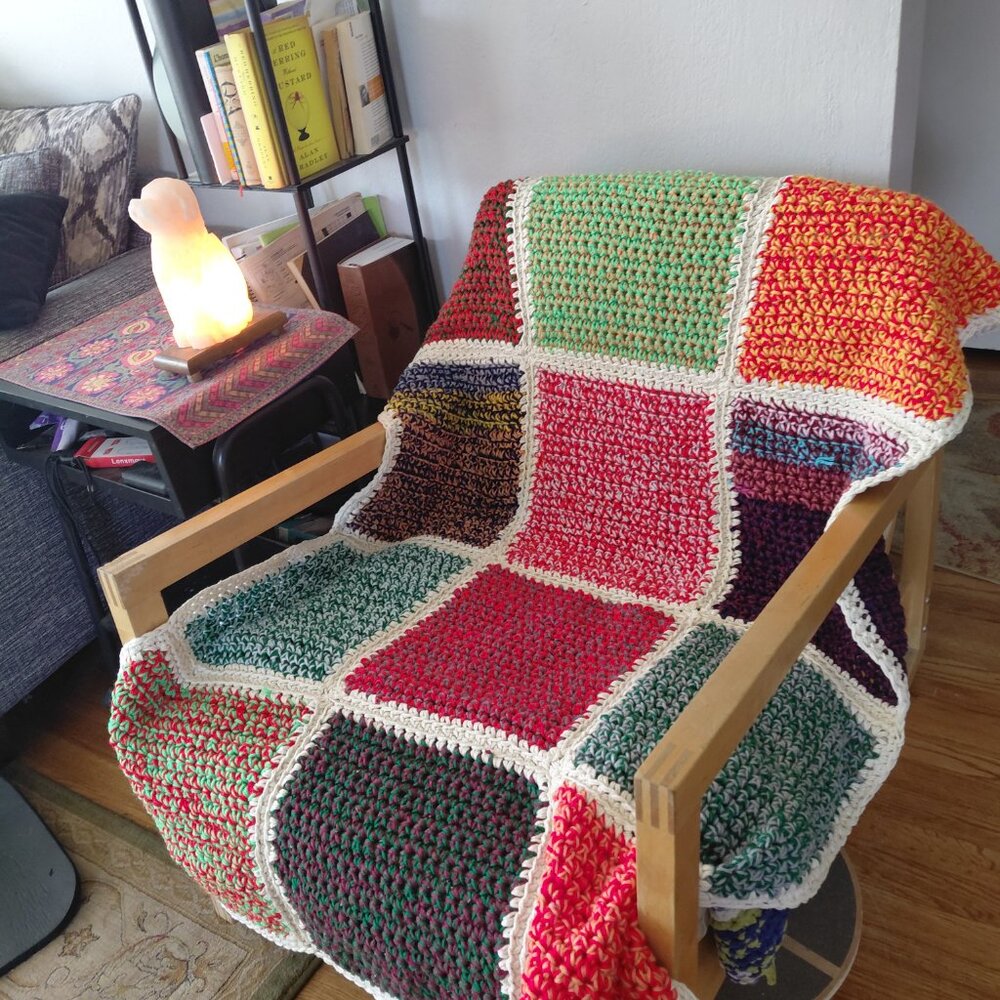 Vintage 70s Crochet Granny Square Panels Handmade Afghan Blanket Retro Boho